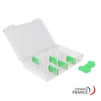 A6 box with removable compartments - 180x130x30 mm - 12 compartments (2 fixed - 9 removable)