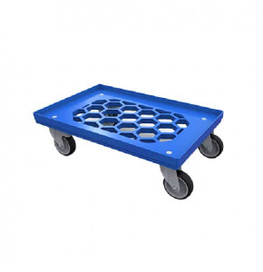 Blue 600x400 bin trolley with 4 swivel wheels, 2 with brake